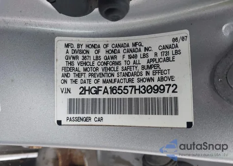 2007 Honda Civic Lx z USA, uszkodzony, nr VIN 2HGFA16557H309972